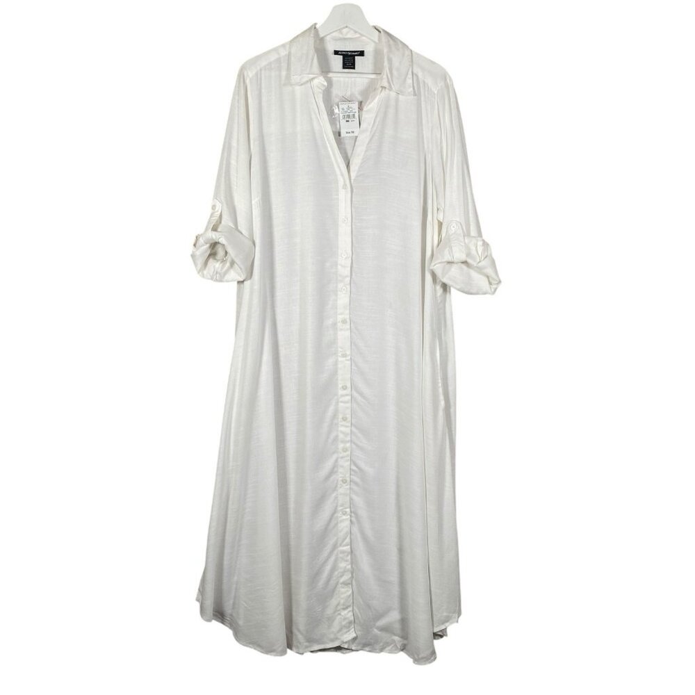 Ashley Stewart White Slub Shirt Dress 14/16 V Neck Roll Tab Sleeve Beach Summer
